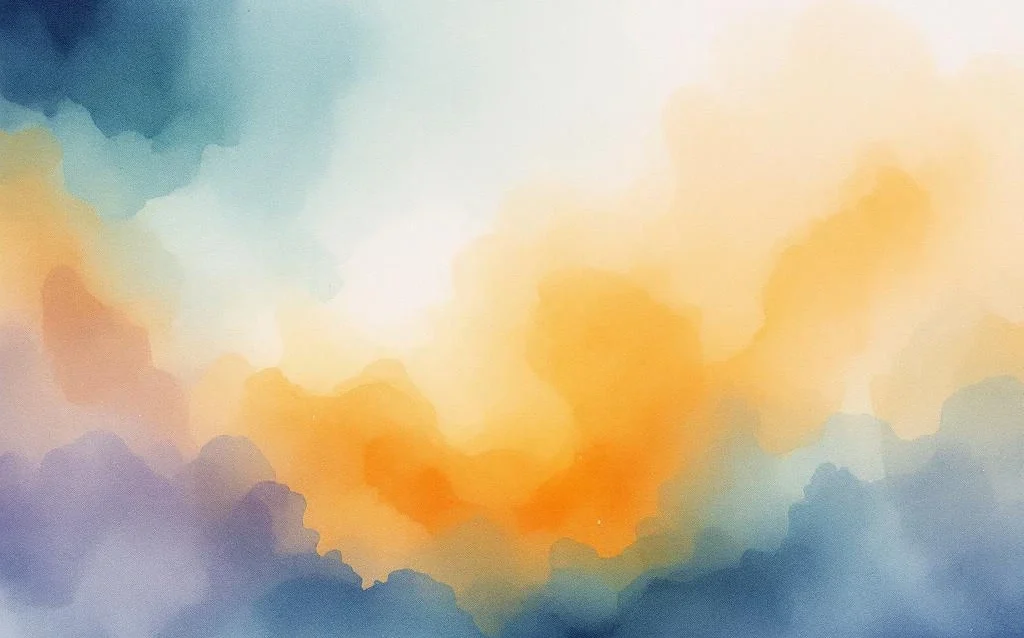 Abstract watercolor painting with flowing navy blue, teal, orange, and amber gradients blending with purple and sage green mist