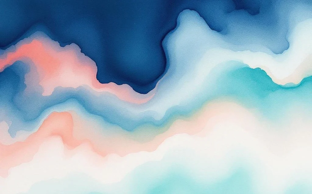 Abstract watercolor painting with flowing navy blue, turquoise, sage green, and coral orange gradients blending organically