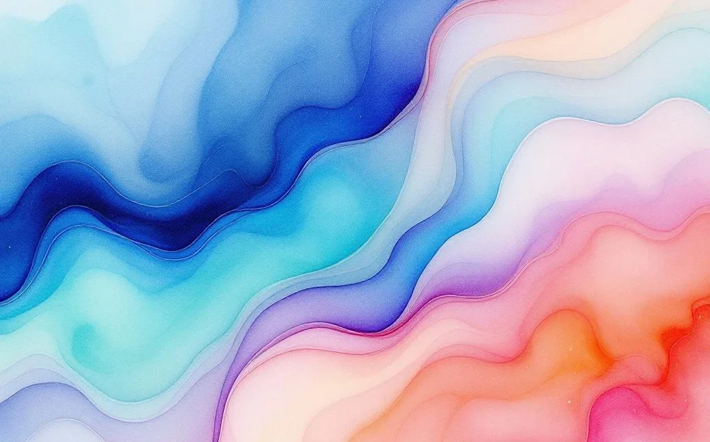 Abstract watercolor painting with flowing blue, purple, and mint green gradients blending into warm amber and coral tones.