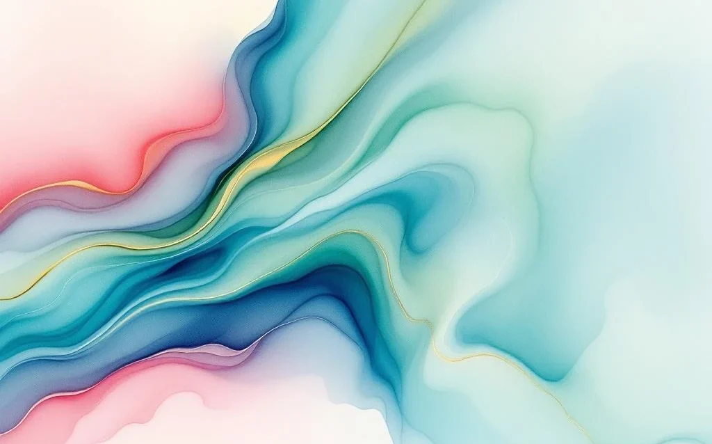 Abstract watercolor painting with flowing blue to emerald green gradients, accented by golden yellow and coral pink waves.