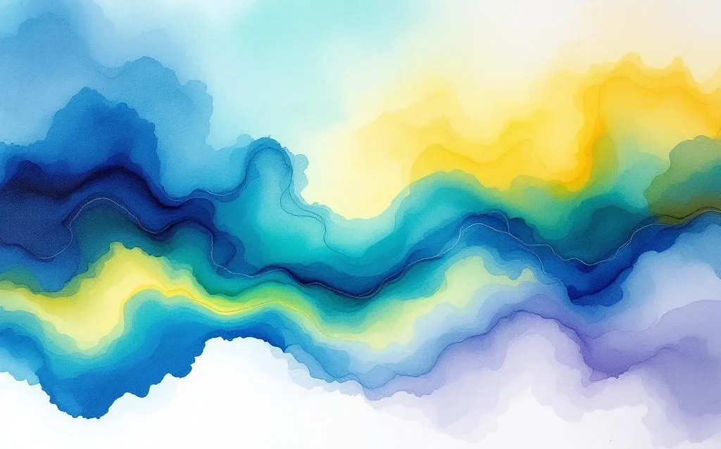 Abstract watercolor painting with flowing blue to emerald green gradients, golden yellow accents, and soft purple hues blending organically