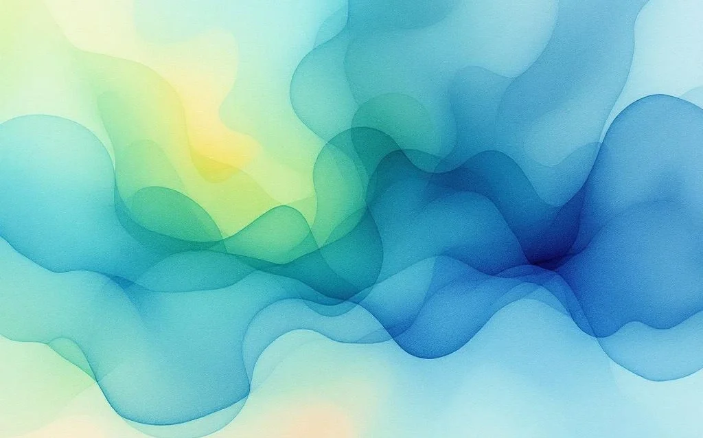 Abstract watercolor painting with flowing ocean blues, emerald greens, amber and coral pink in organic gradients