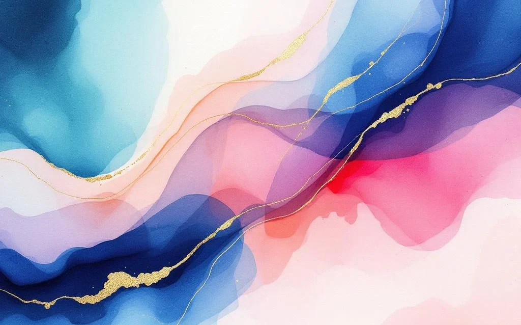 Abstract watercolor painting with flowing blue, teal, lavender, and coral gradients blending like liquid ink in water.