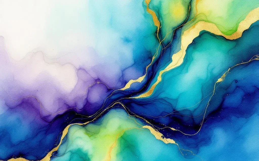 Abstract watercolor painting with flowing blue to teal gradients, emerald green washes, and golden yellow highlights