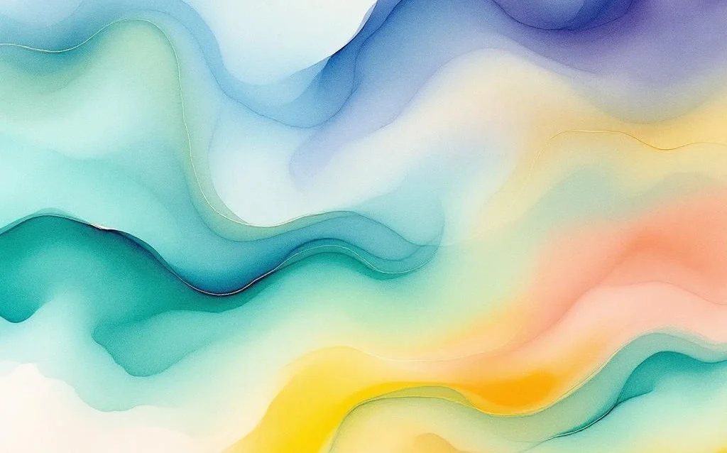 Abstract watercolor painting with flowing ocean blues, emerald greens, golden yellows, and coral oranges blending organically.