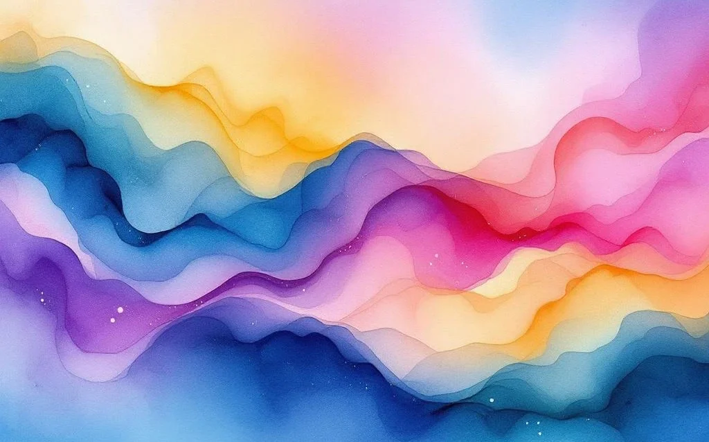 Abstract watercolor painting with flowing blues, teals, purples, and coral tones blending in soft horizontal gradients