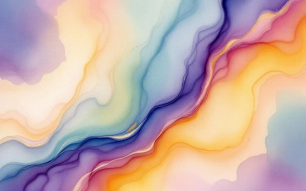 Abstract watercolor painting with flowing purple, indigo, amber, and golden hues blending with teal, green, and coral tones.
