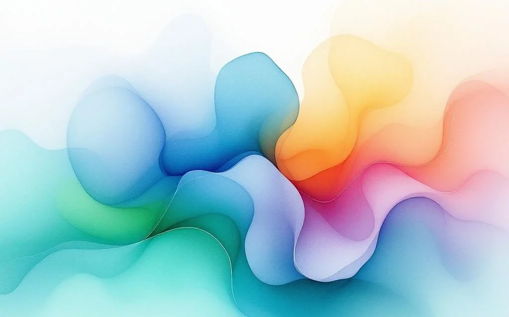 Abstract watercolor painting with flowing azure blue, emerald green, amber and violet hues blending in organic cloud formations