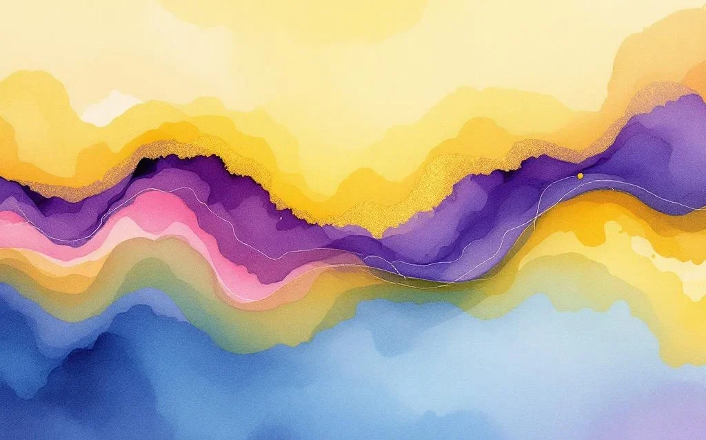Abstract watercolor painting with flowing purple, blue, golden yellow, and emerald green washes blending organically across canvas.
