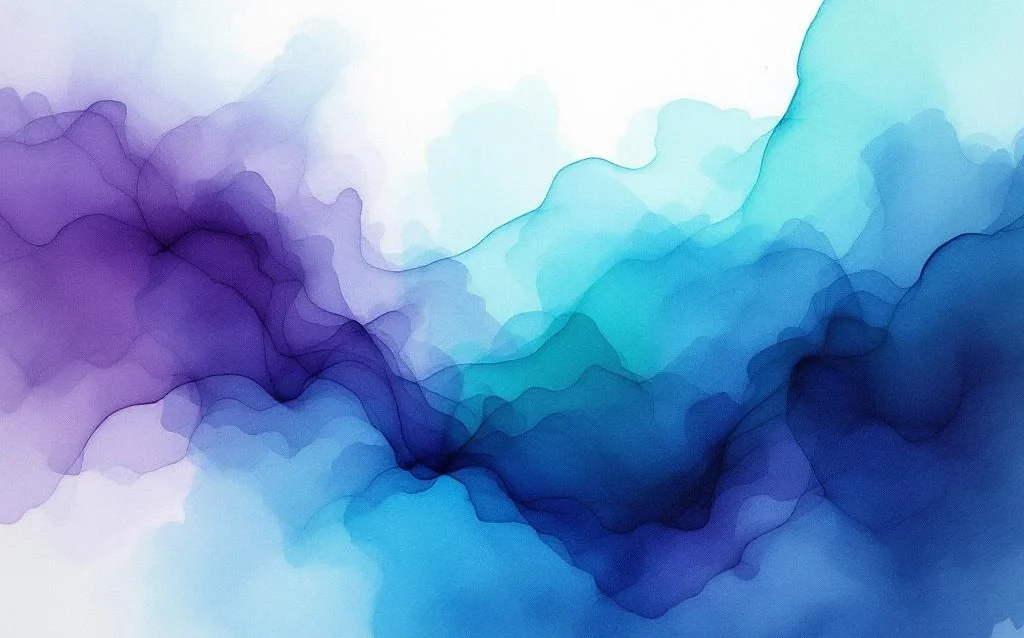 Abstract watercolor painting with flowing purple, blue, cyan and green gradients creating ethereal cloudlike composition