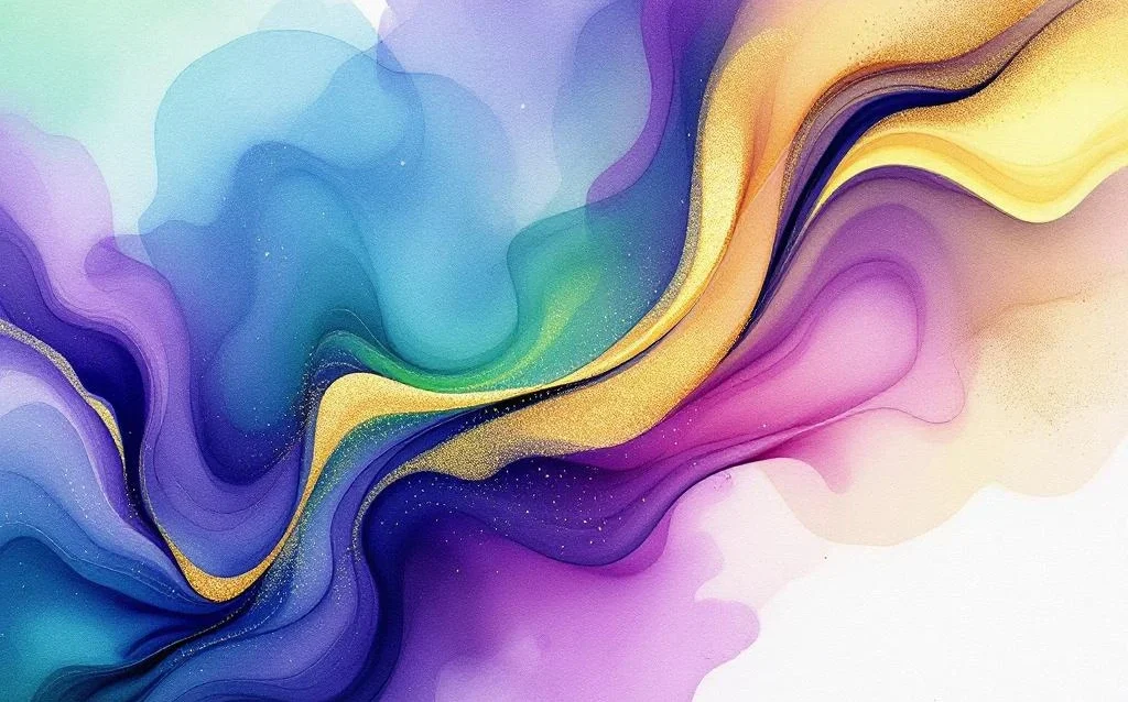 Abstract watercolor painting with flowing purple, blue, and emerald green gradients accented by golden yellow touches.