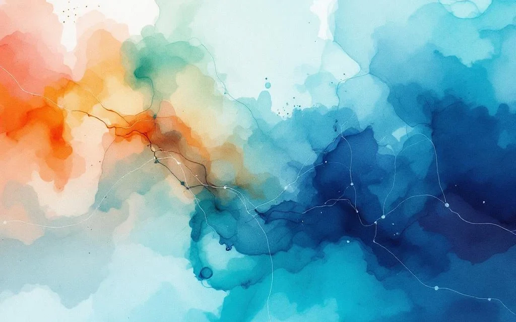 Abstract watercolor painting with navy blue, teal, and cyan gradients blending into sage green, amber, and coral tones