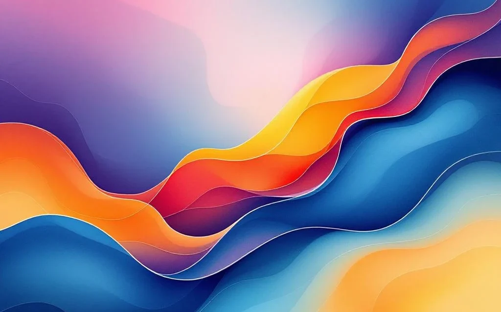 Abstract watercolor painting with flowing blue and teal gradients blending into orange and yellow for tech company branding.