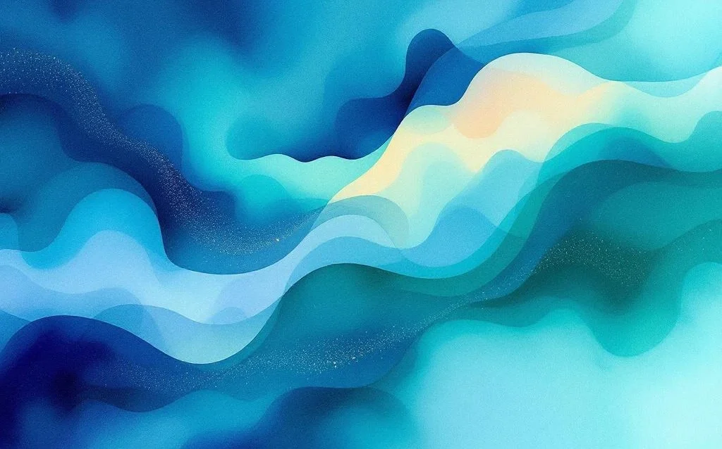 Abstract aquarel schilderij met vloeiende blauwe, groene en oranje kleurovergangen in organische wolkachtige vormen