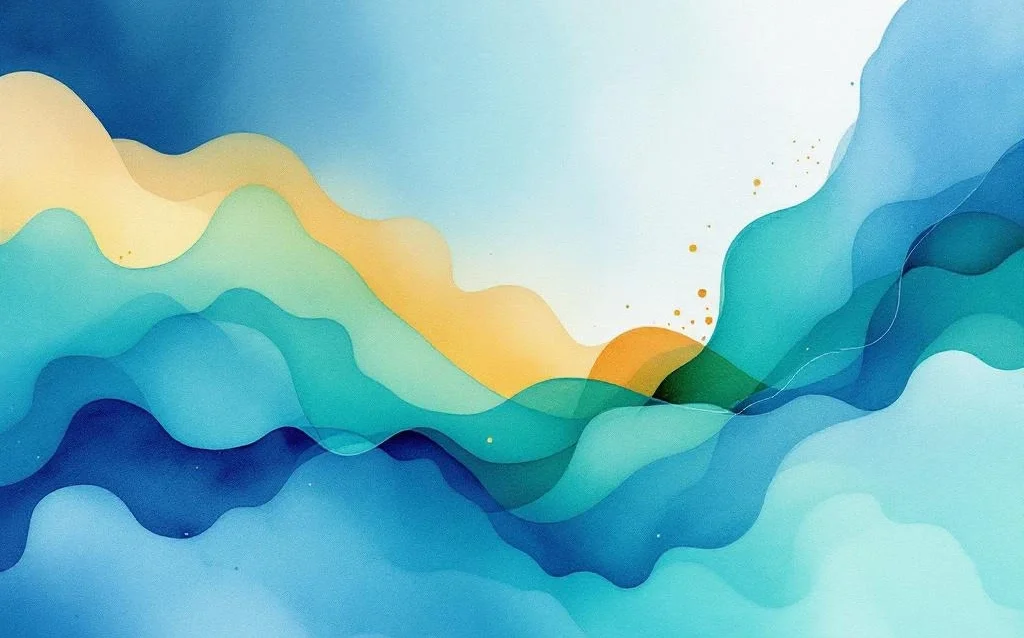 Abstracte waterverf met vloeiende blauwe, groene en gouden tinten die digitale harmonie uitbeelden