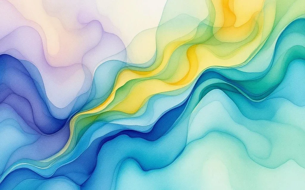 Abstracte aquarel met vloeiende oceaanblauw, smaragdgroen en gouden tinten die organische beweging suggereren