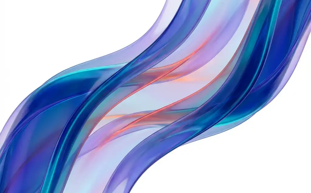 Abstracte compositie van doorschijnende linten in blauw, turkoois en violet op witte achtergrond met vloeiende curves