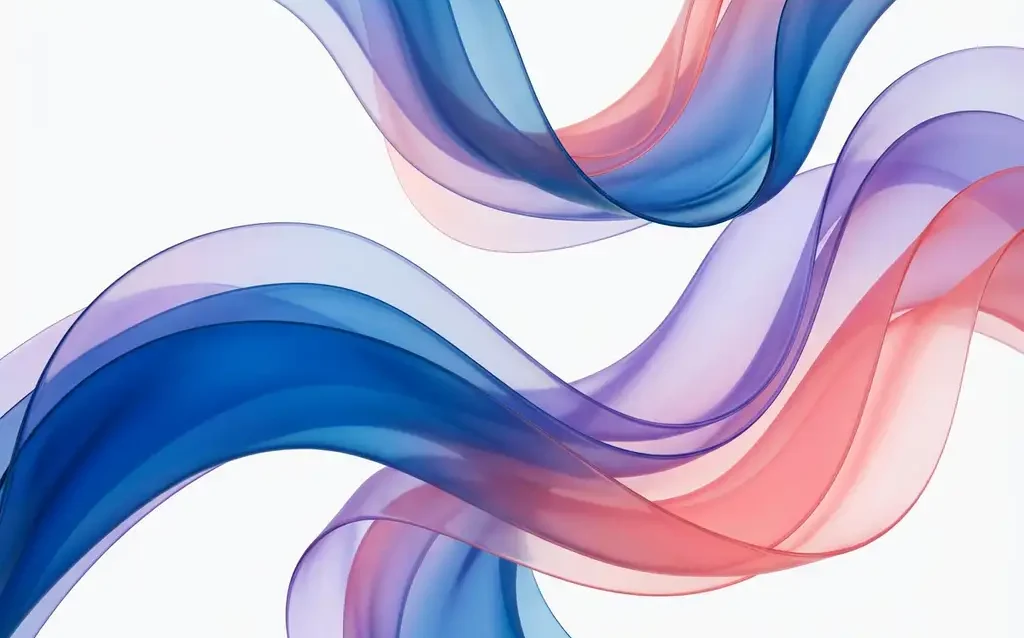 Abstracte vloeiende linten in azuurblauw, violet en koraalroze met transparante lagen op witte achtergrond