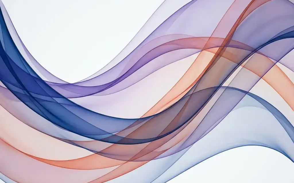 Abstracte compositie met doorschijnende linten in saffierblauw, violet en koraal die vloeiend golven op witte achtergrond