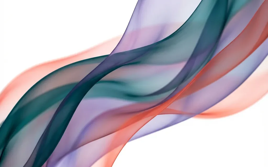 Abstracte vloeiende linten in petrol, violet en koraal met transparante lagen op witte achtergrond