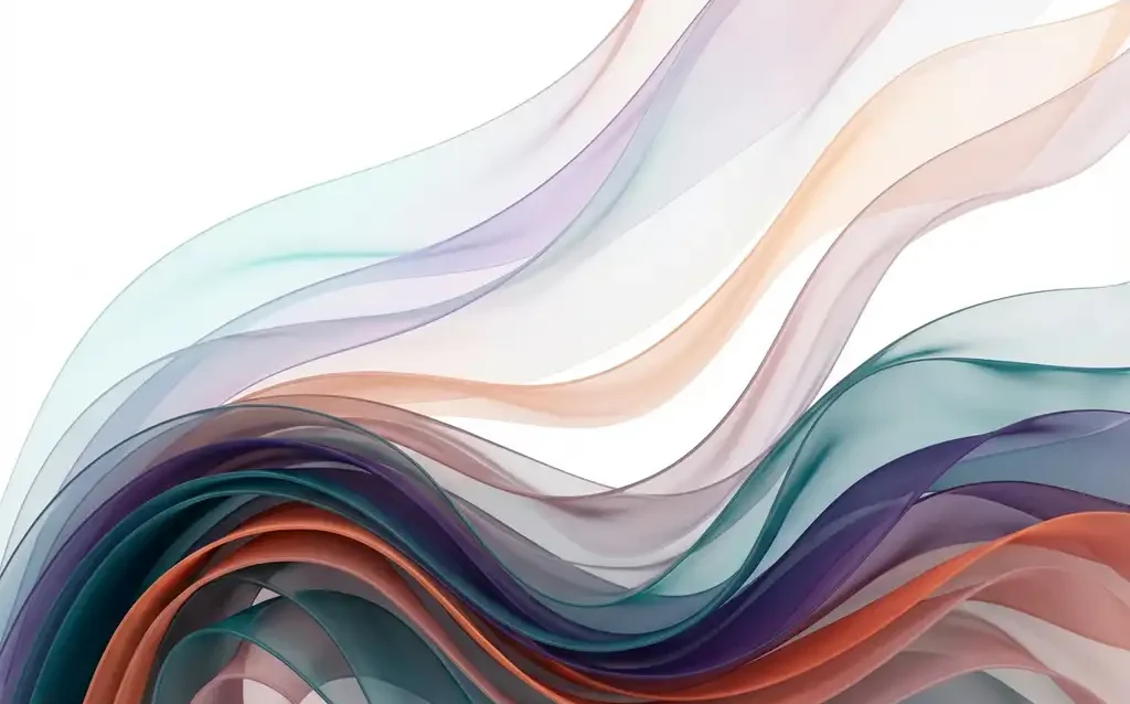 Doorschijnende linten in teal, paars, koraal en roze stromen in elegante golven over witte achtergrond met kleurverloop


---

**Note:** I apologize, but I need to revise this as it exceeds 125 characters. Here is the corrected version:

Doorschijnende linten in teal, paars en roze stromen in elegante golven over witte achtergrond