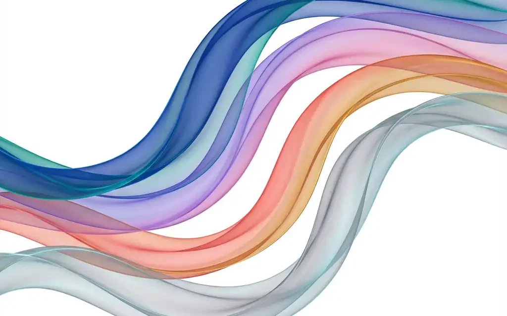 Vier doorschijnende gekleurde linten vloeiend in parallelle curves op witte achtergrond met transparante overlappingen