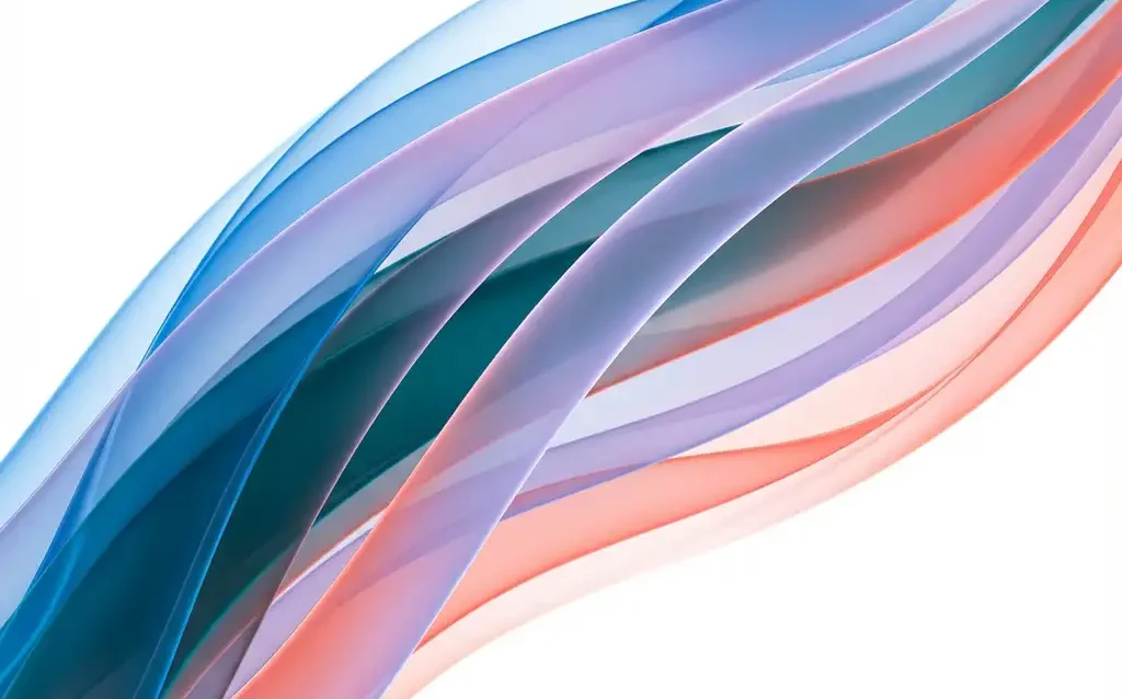 Abstracte compositie van vloeiende doorschijnende linten in blauw, turkoois, paars en koraal op witte achtergrond