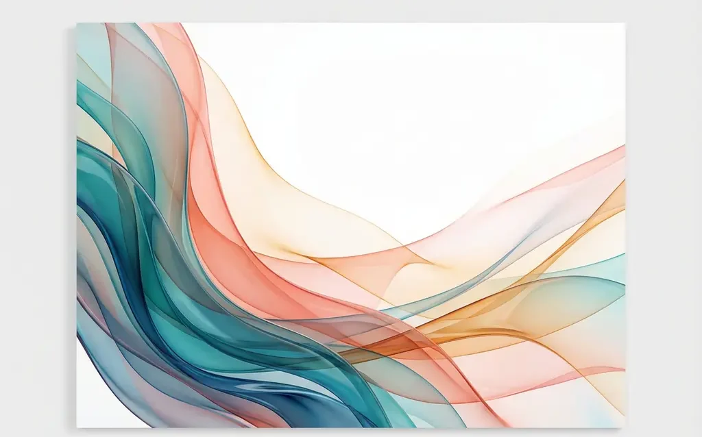 Abstracte compositie van doorschijnende linten in blauw en turkoois met koraal accenten op witte achtergrond