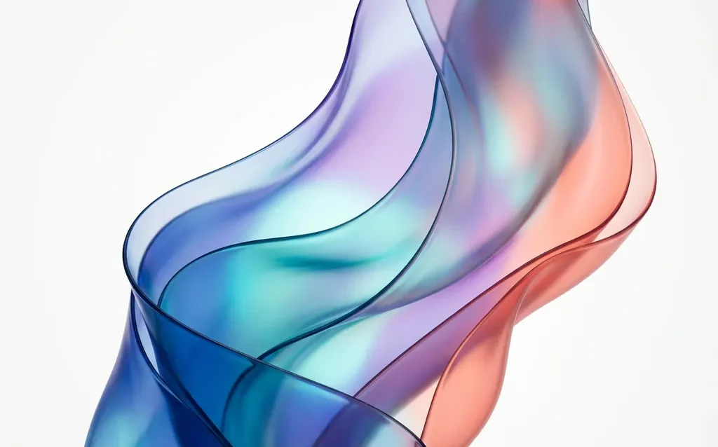 Abstracte compositie van doorschijnende linten in blauw, turkoois, paars en koraal op witte achtergrond