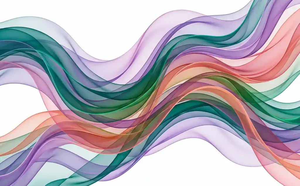 Abstracte digitale kunst met doorzichtige linten in diepblauw, zacht violet en warm roze die vloeiend over een witte achtergrond golven.