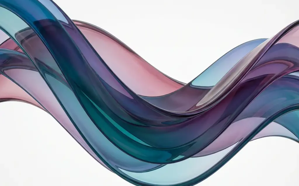Abstracte compositie van doorschijnende linten in blauw, paars en roze op witte achtergrond met vloeiende golven