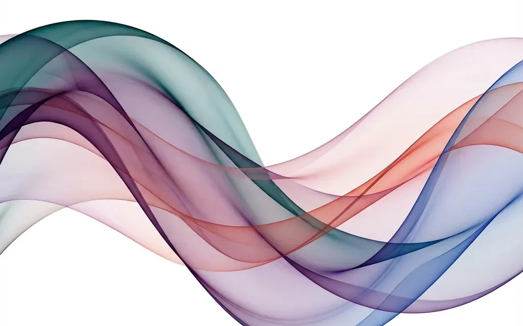 Abstracte compositie van doorschijnende linten in teal, paars, roze en koraal op witte achtergrond