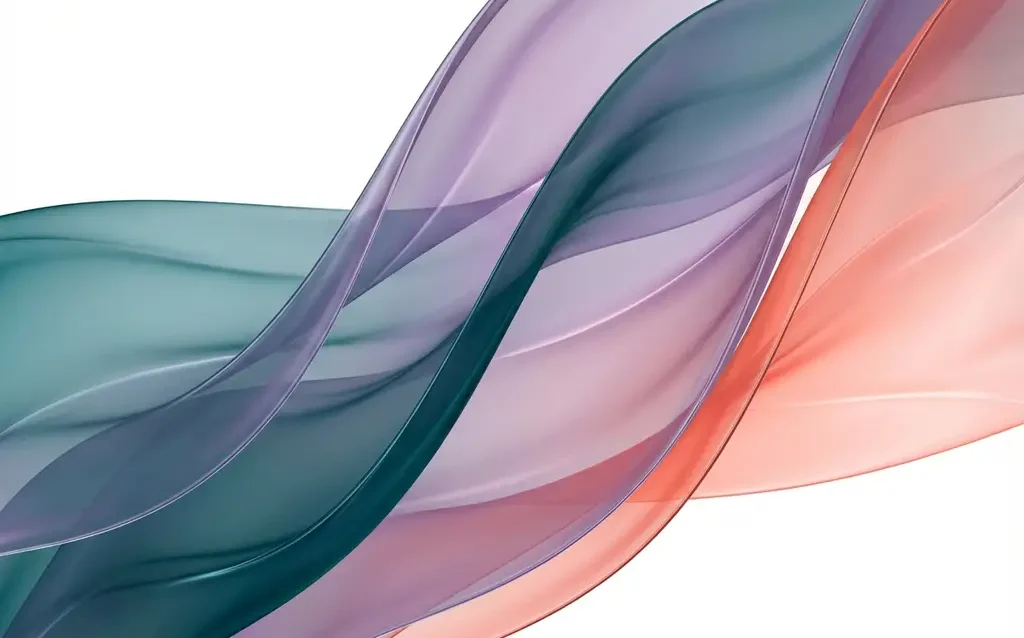 Abstracte achtergrond met vloeiende doorzichtige linten in teal, paars en koraal op witte ondergrond
