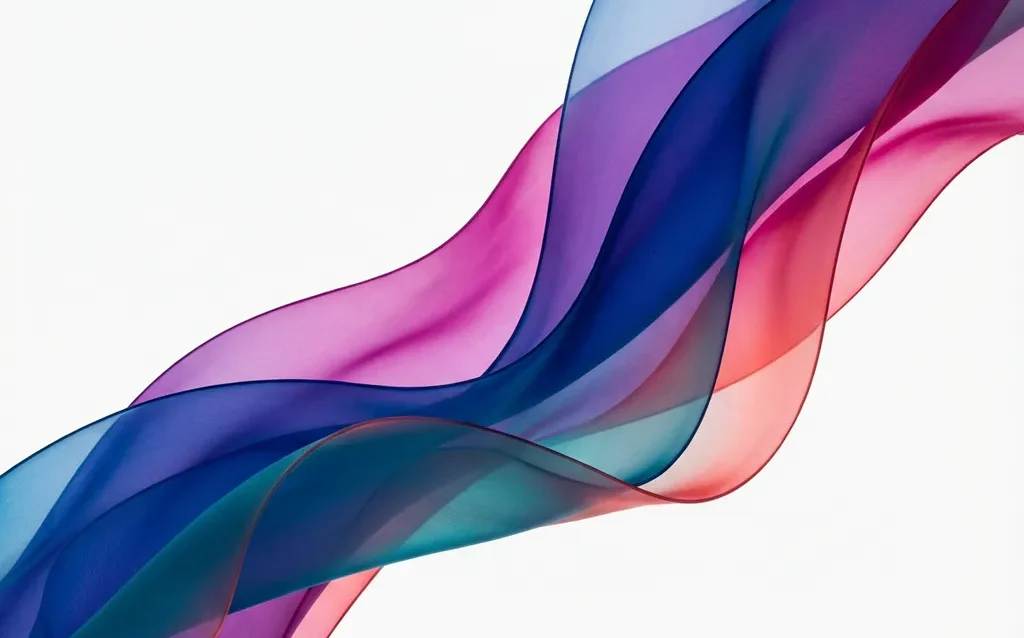 Abstracte compositie van doorschijnende linten in saffierblauw en magenta met vloeiende golven op witte achtergrond