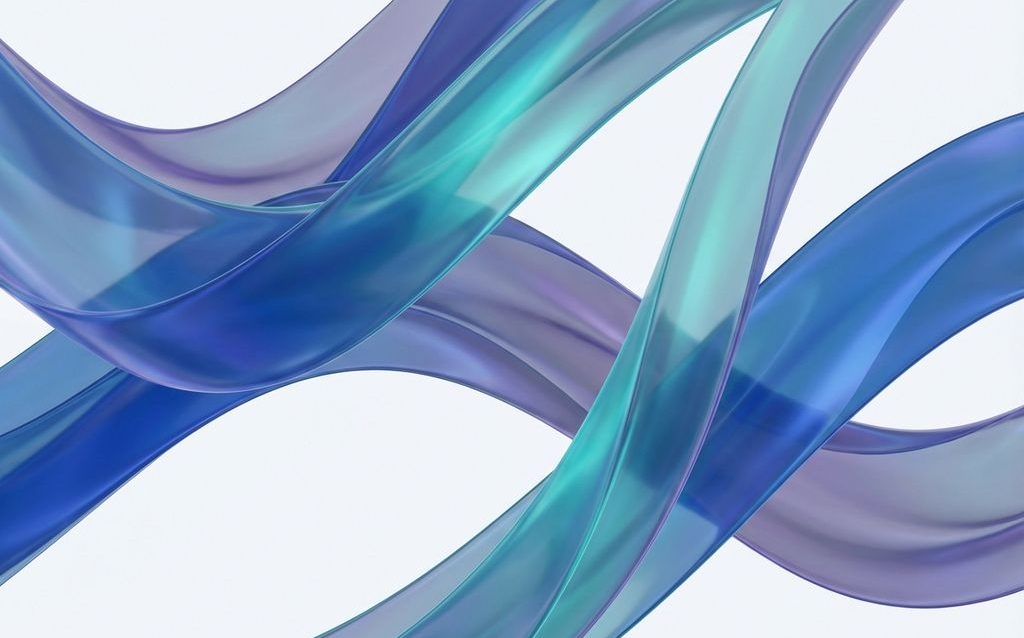 Abstracte golvende linten in saffierblauw, turkoois en violet met transparante lagen op witte achtergrond