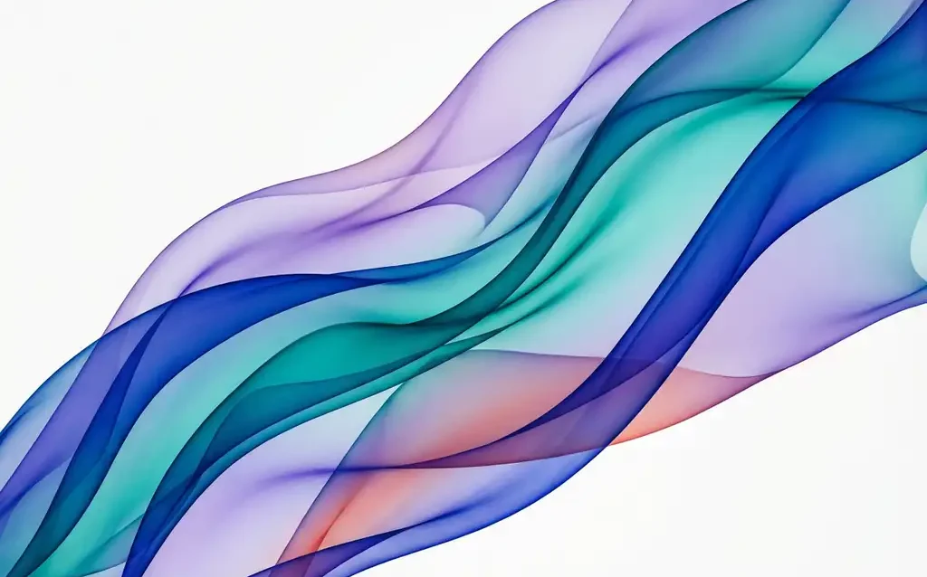 Abstracte vloeiende linten in kobaltblauw, turkoois en violet met transparante lagen op witte achtergrond