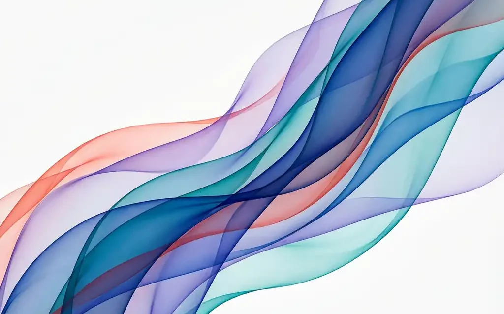 Abstracte compositie van doorschijnende linten in saffierblauw, turquoise en violet met koraalaccenten op witte achtergrond