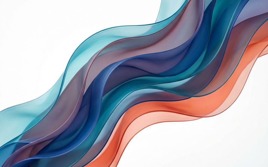 Vloeiende doorschijnende zijden linten in blauw, turkoois, paars en koraal tegen witte achtergrond


Abstract digitaal kunstwerk met kleurrijke transparante vormen en elegante curves
