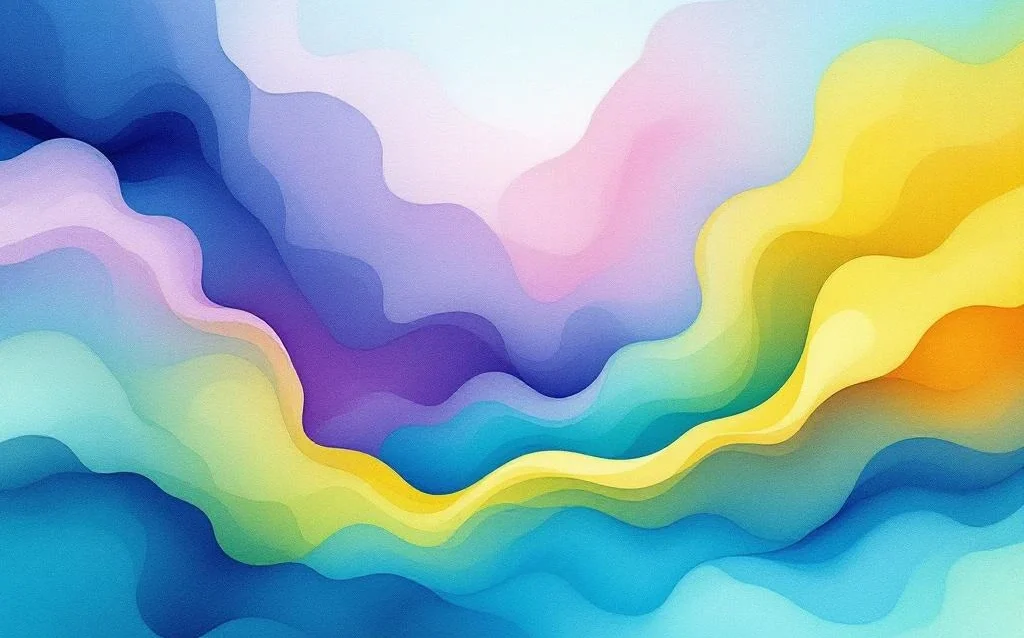 Abstraktes Aquarell mit fließenden Farbverläufen von Ozeanblau zu Violett und Cyan, ergänzt durch Smaragdgrün und Gold