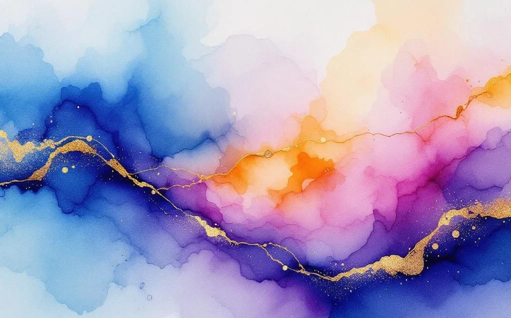 Abstraktes Aquarell mit fließenden Farbverläufen in Blau, Lila und warmen Gelb-Orange-Tönen mit organischen Übergängen