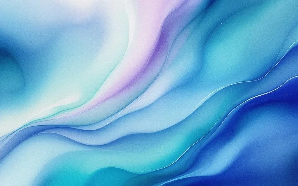 Abstraktes Aquarell mit fließenden Blau-zu-Lila-Farbverläufen, Türkis-Akzenten und warmen Bernstein-Silber-Tönen