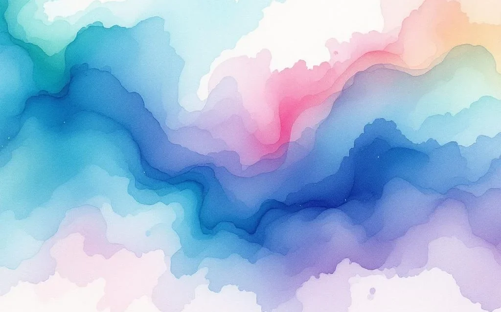 Abstrakte Aquarellmalerei mit fließenden Farbverläufen von Ozeanblau zu Violett mit grünen und warmen Akzenten