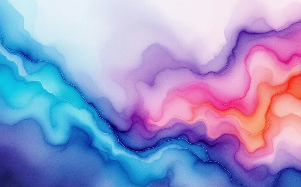 Abstrakte minimalistische Aquarellmalerei mit fließenden Farbverläufen in Blau, Lila, Magenta und warmen Korallentönen