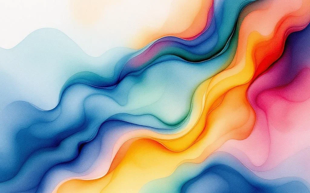 Abstrakte minimalistische Aquarellmalerei mit fließenden Farbverläufen in Blau, Orange, Gelb, Lila und Grün