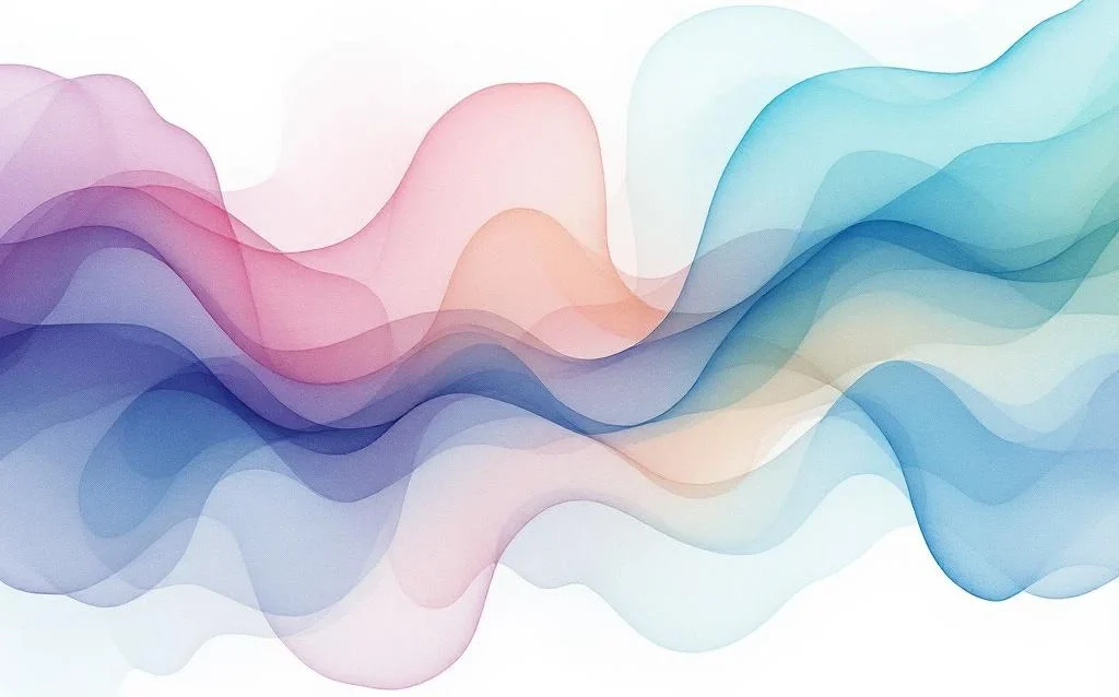 Abstraktes Aquarell mit fließenden Farbverläufen in Blau, Türkis, Lila und warmen Korallentönen auf weißem Hintergrund