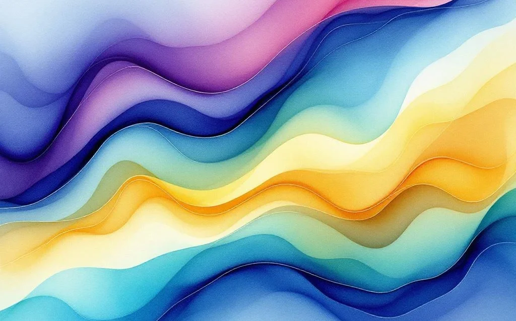 Abstrakte Aquarellmalerei mit fließenden Farbverläufen von Blau zu Türkis, Lila, Koralle und Gold in drei Zonen