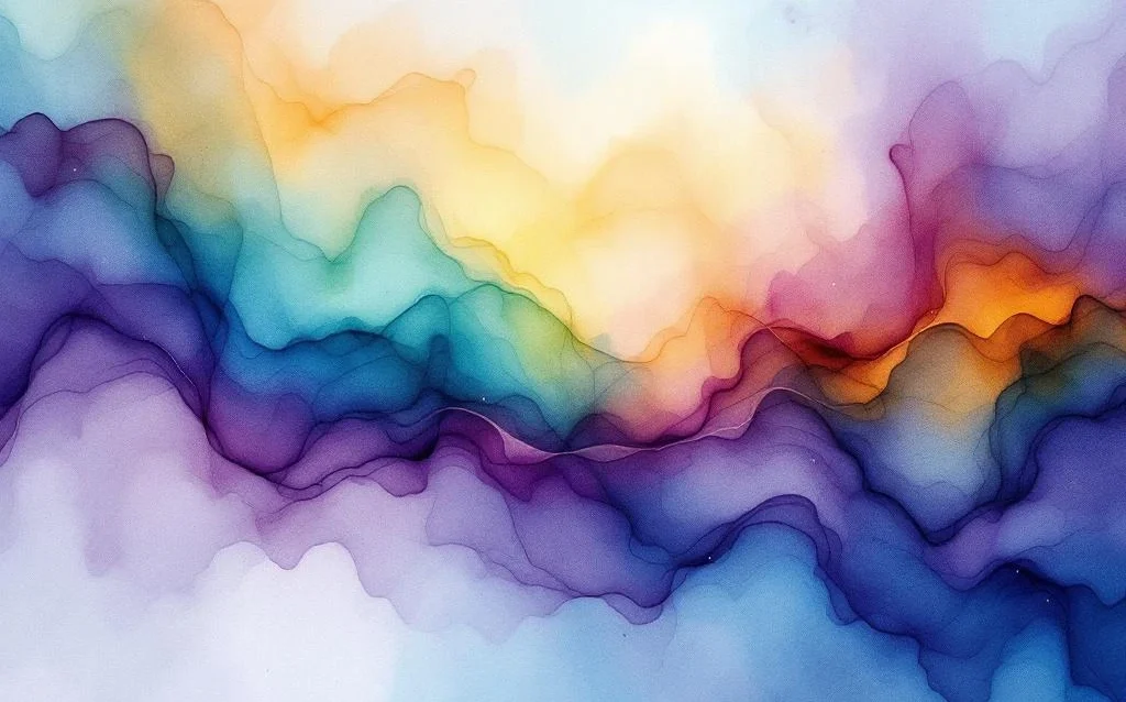 Abstraktes Aquarell mit fließenden Farbübergängen in Blau, Türkis, Gelb und Lila, das digitale Datenströme darstellt