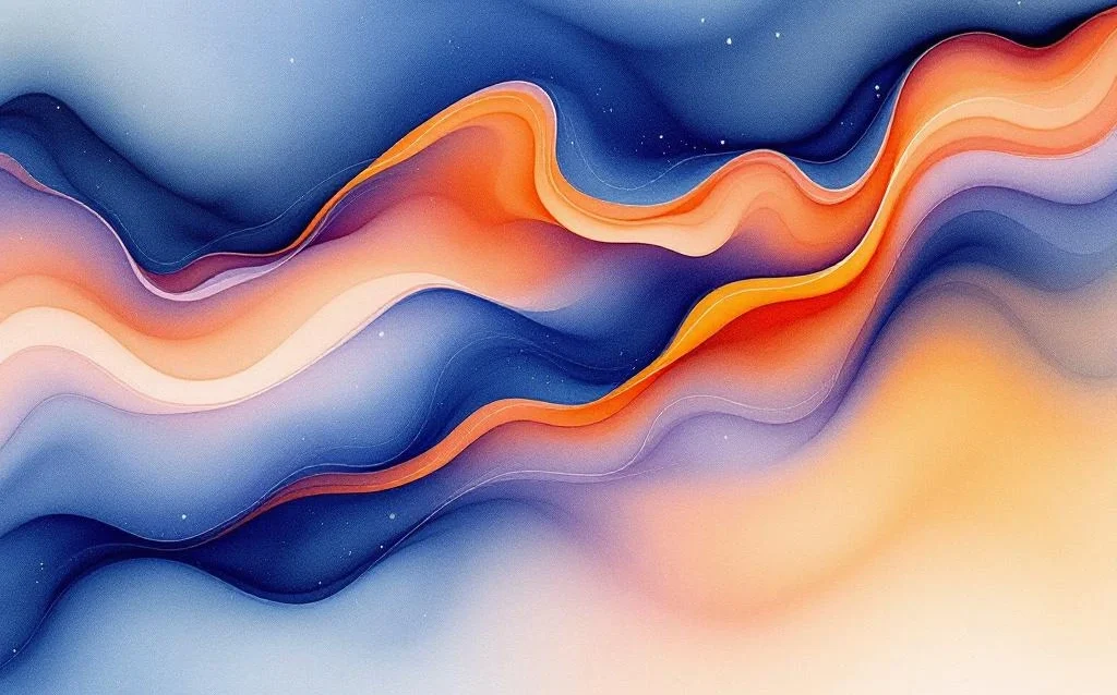 Abstrakte Aquarell-Malerei mit fließenden Farbverläufen in Blau, Orange und Lila mit natürlichen Bleeding-Effekten