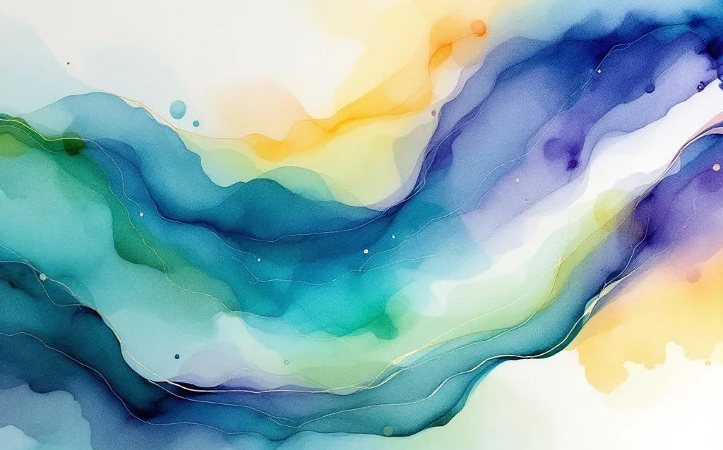 Abstrakte Aquarellmalerei mit fließenden Farbverläufen von Ozeanblau zu Smaragdgrün mit goldgelben Akzenten