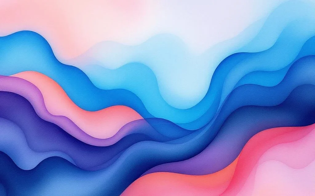 Abstraktes Aquarell mit fließenden Farbverläufen von Ozeanblau zu Koralleorange mit lila Untertönen im 16:9-Format